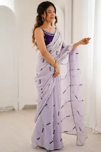 Lavender color fendy satin beautiful rich feel ceremonial looks saree