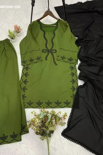 Green rayon embroidered kurta-sets