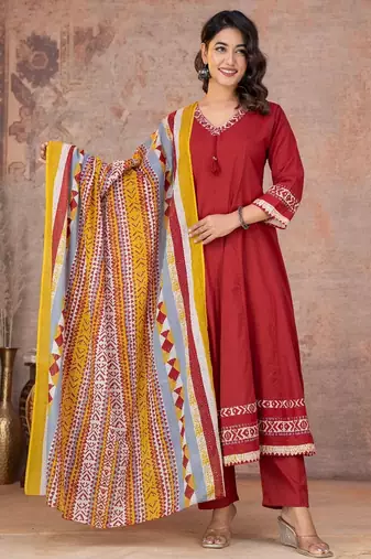 Cotton anarkali kurti-pant-dupatta set