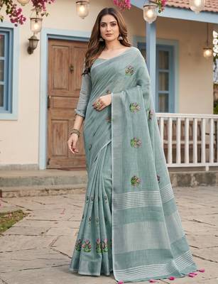 Sea green color beautiful linen fabric traditonal rich saree 1