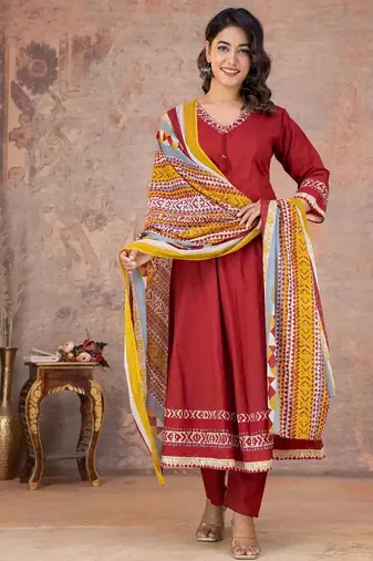 Cotton anarkali kurti-pant-dupatta set