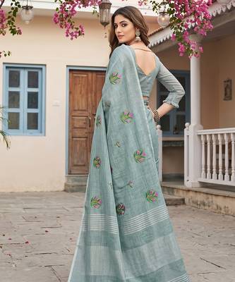 Sea green color beautiful linen fabric traditonal rich saree 2
