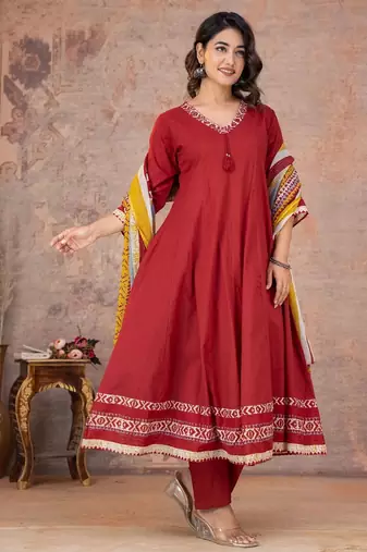Cotton anarkali kurti-pant-dupatta set