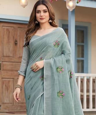 Sea green color beautiful linen fabric traditonal rich saree 3