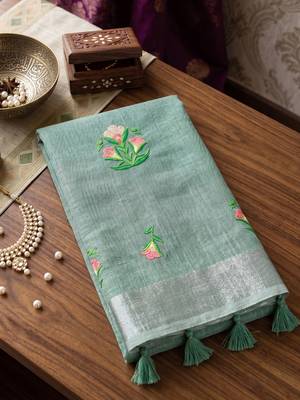 Sea green color beautiful linen fabric traditonal rich saree 4
