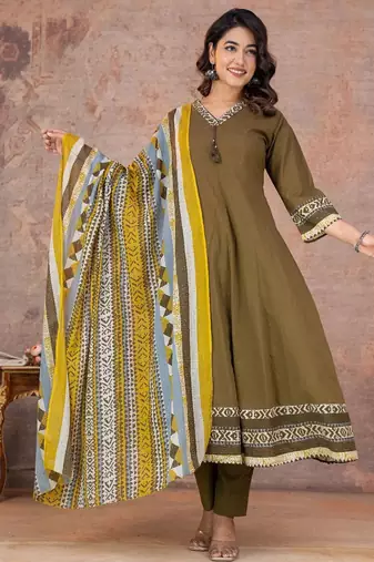 Cotton anarkali kurti-pant-dupatta set