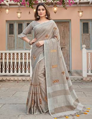Light beige color beautiful linen fabric traditonal rich saree 1