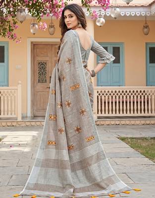 Light beige color beautiful linen fabric traditonal rich saree 2