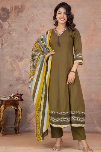 Cotton anarkali kurti-pant-dupatta set