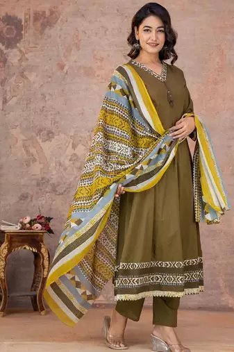 Cotton anarkali kurti-pant-dupatta set
