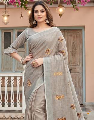 Light beige color beautiful linen fabric traditonal rich saree 3
