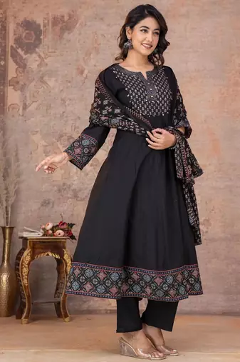 Cotton anarkali kurti-pant-dupatta set