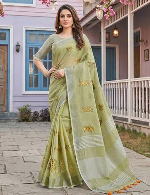 Pista green color beautiful linen fabric traditonal rich saree 1