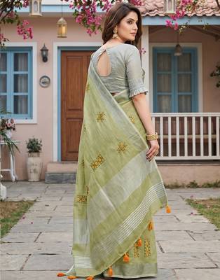 Pista green color beautiful linen fabric traditonal rich saree 2