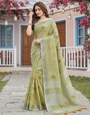 Pista green color beautiful linen fabric traditonal rich saree 3