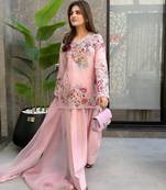 Baby-pink silk blend embroidered kurta-sets