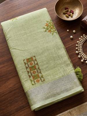 Pista green color beautiful linen fabric traditonal rich saree 4
