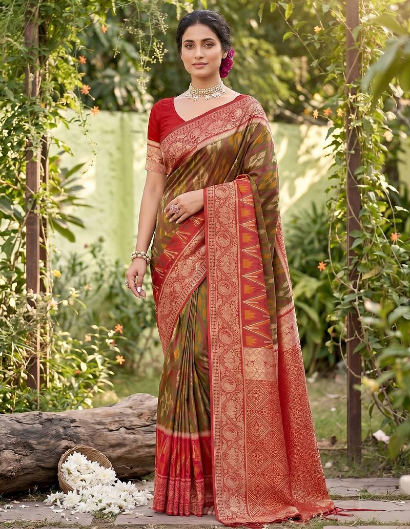 Mehendi color soft silk fabric woven designer ethnic partywear saree