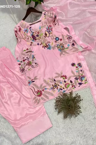 Baby-pink silk blend embroidered kurta-sets