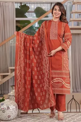 Cotton printed straight kurti-pant-dupatta set