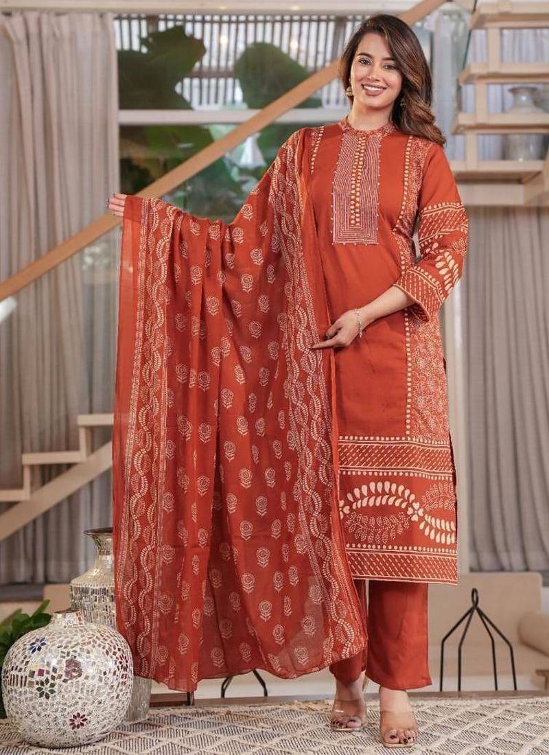 Cotton printed straight kurti-pant-dupatta set