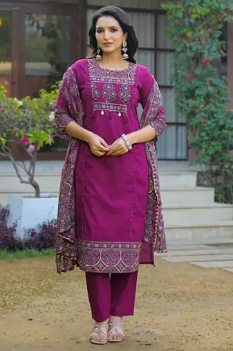 Cotton printed straight kurti-pant-dupatta set