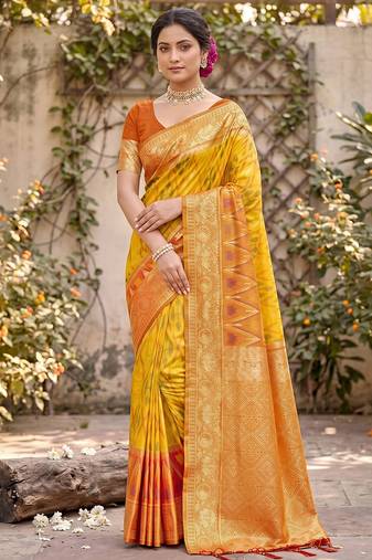 Yellow color soft silk fabric woven designer ethnic partywear saree
