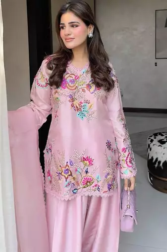 Baby-pink silk blend embroidered kurta-sets