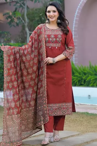 Cotton printed straight kurti-pant-dupatta set