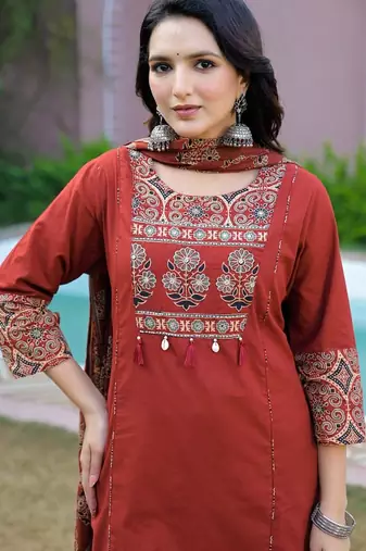 Cotton printed straight kurti-pant-dupatta set