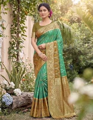 Rama green color soft silk fabric woven designer ethnic partywear saree 1