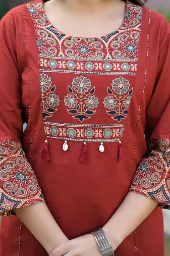 Cotton printed straight kurti-pant-dupatta set