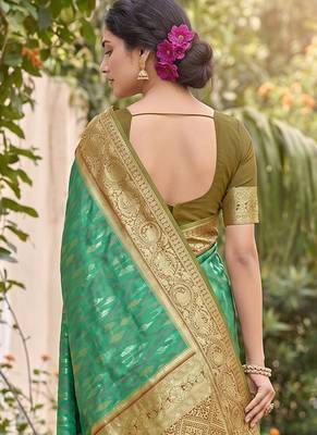 Rama green color soft silk fabric woven designer ethnic partywear saree 2
