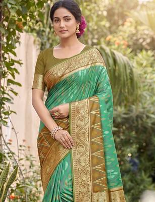 Rama green color soft silk fabric woven designer ethnic partywear saree 3