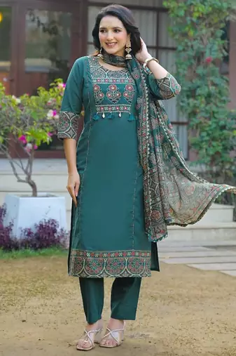 Cotton printed straight kurti-pant-dupatta set