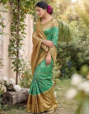 Rama green color soft silk fabric woven designer ethnic partywear saree 4