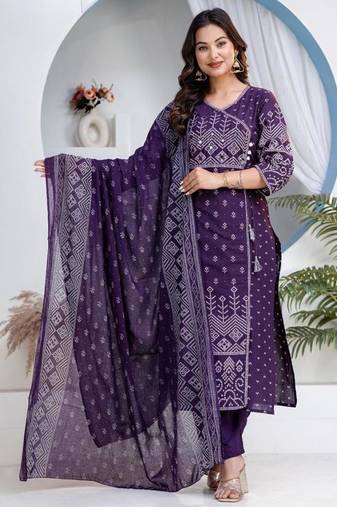 Cotton angrakha pattern kurti-pant-dupatta set