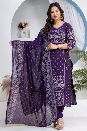 Cotton angrakha pattern kurti-pant-dupatta set