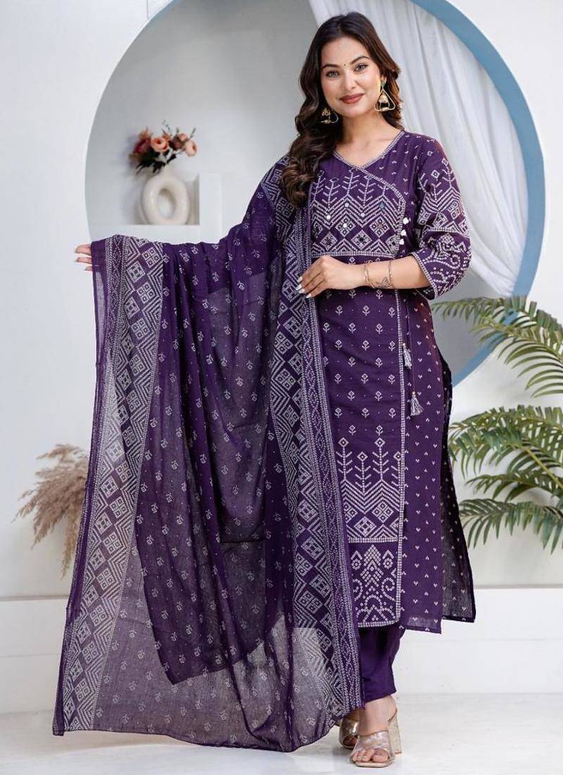 Cotton angrakha pattern kurti-pant-dupatta set