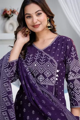 Cotton angrakha pattern kurti-pant-dupatta set