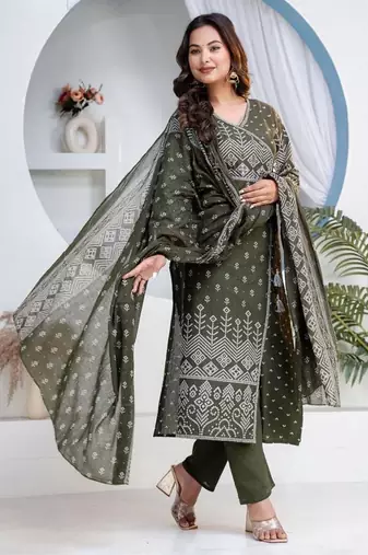 Cotton angrakha pattern kurti-pant-dupatta set