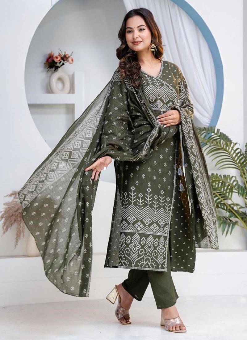 Cotton angrakha pattern kurti-pant-dupatta set