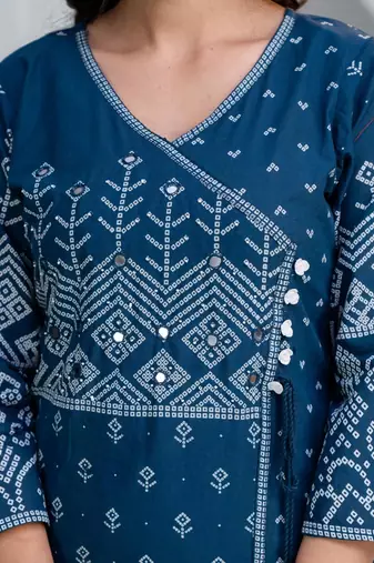 Cotton angrakha pattern kurti-pant-dupatta set
