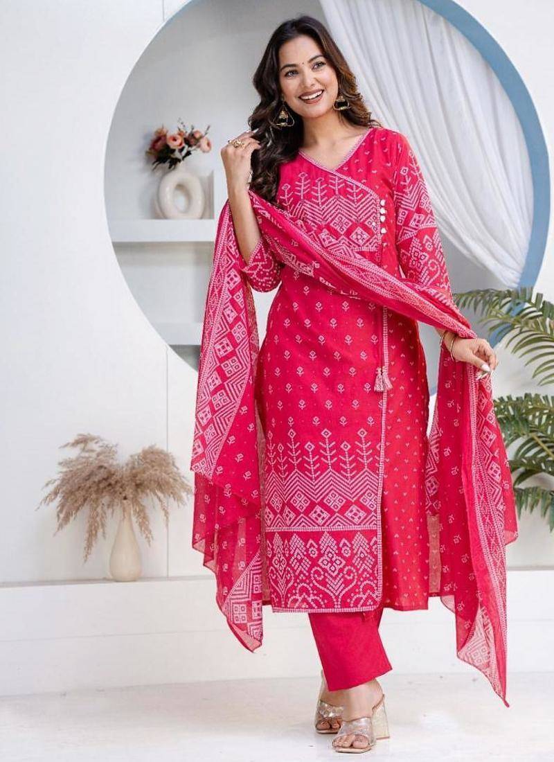 Cotton angrakha pattern kurti-pant-dupatta set