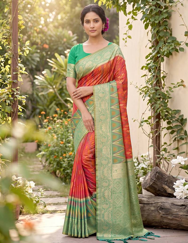 Mustard color soft silk fabric woven designer ethnic partywear saree