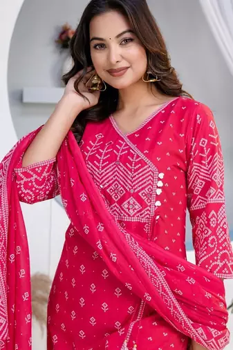 Cotton angrakha pattern kurti-pant-dupatta set