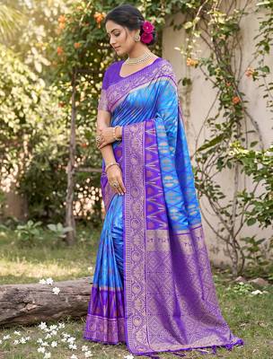 Sky blue color soft silk fabric woven designer ethnic partywear saree 4