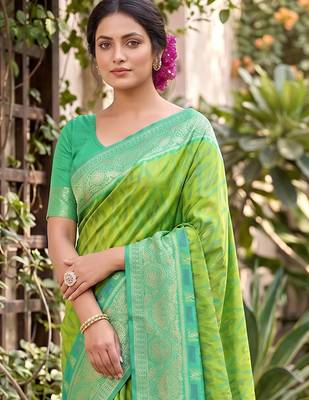 Parrot green color soft silk fabric woven designer ethnic partywear saree 3