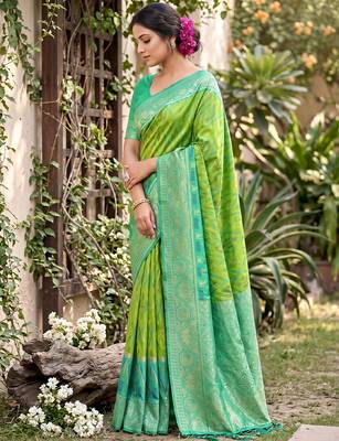 Parrot green color soft silk fabric woven designer ethnic partywear saree 4