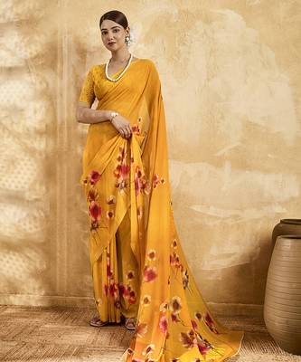Yellow color georgette fabric floral printed trendy girlie looks saree 1